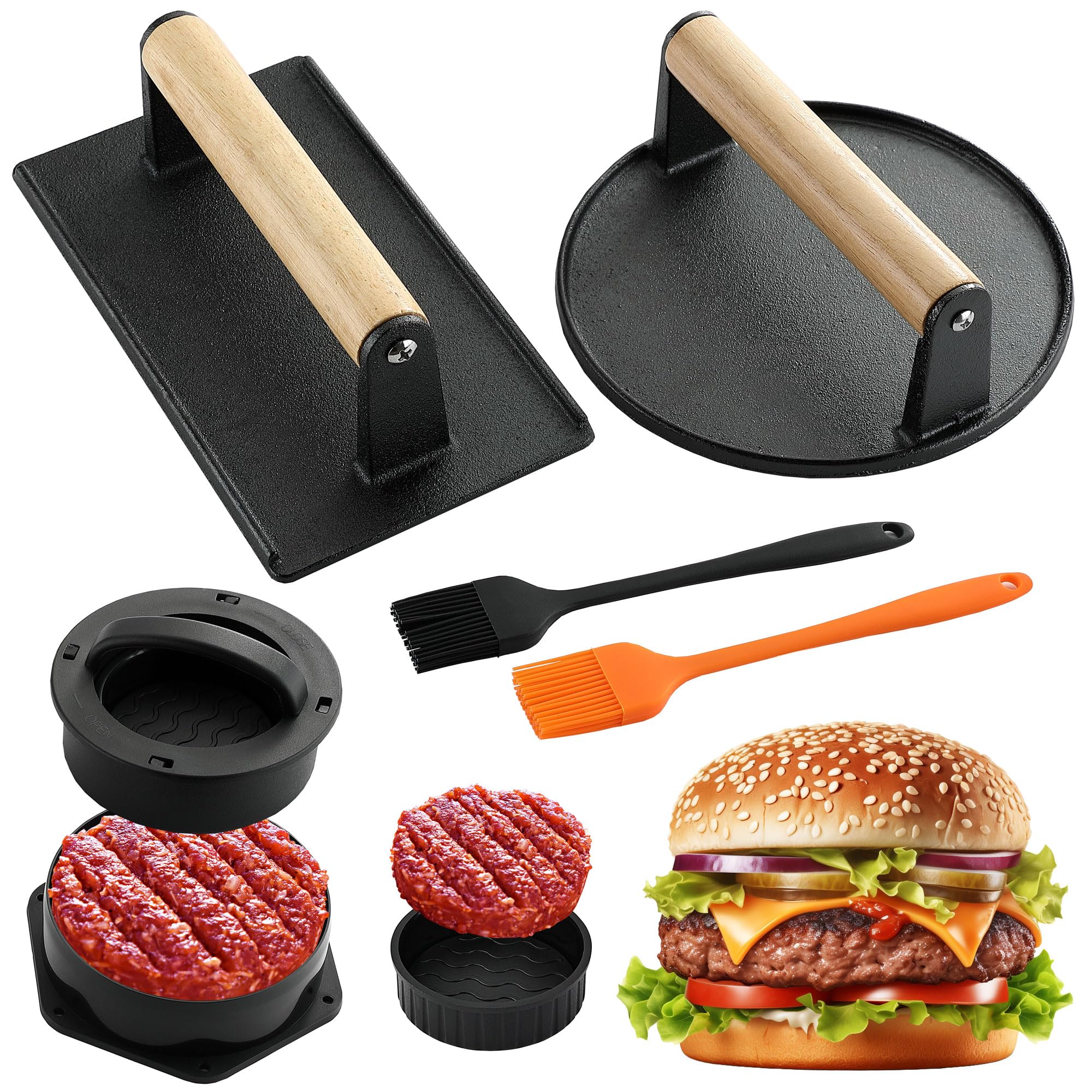 POLIGO Smash Burger Press Kit with two cast iron presses and silicone brushes