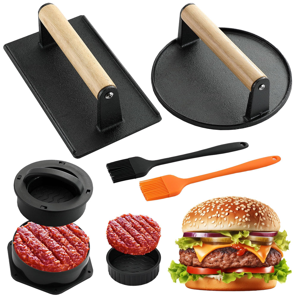POLIGO Smash Burger Press Kit with two cast iron presses and silicone brushes