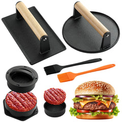 POLIGO Smash Burger Press Kit with two cast iron presses and silicone brushes