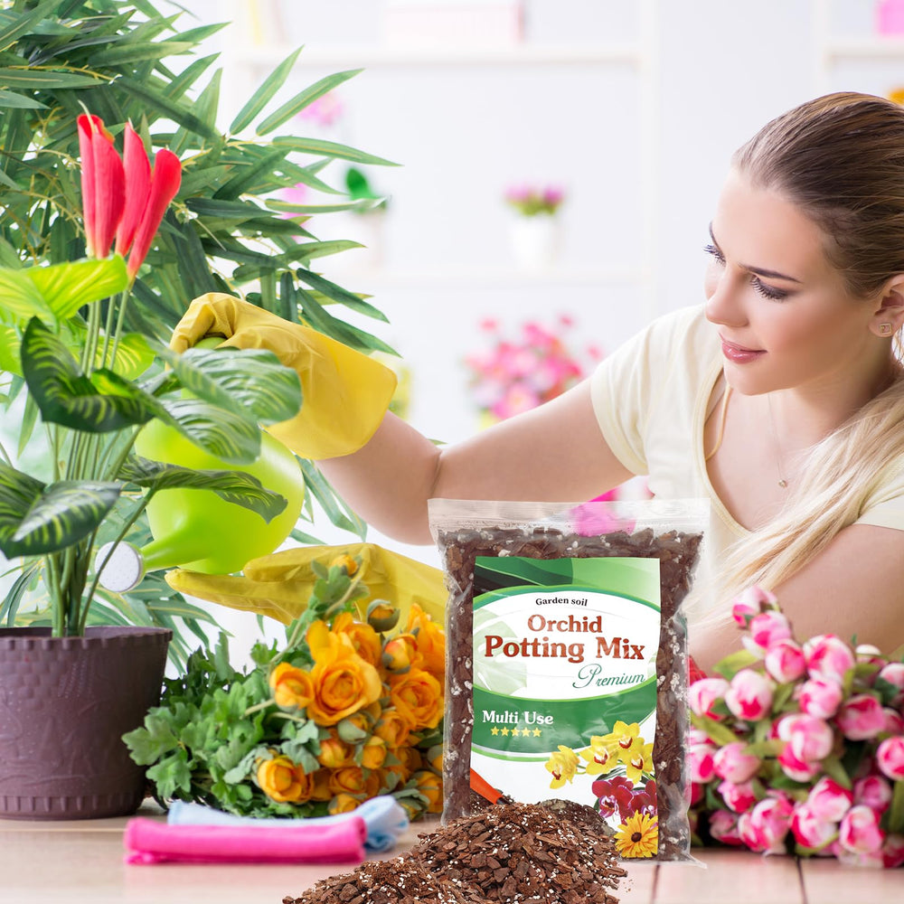 POLIUMB Orchid Potting Mix being poured into a planter
