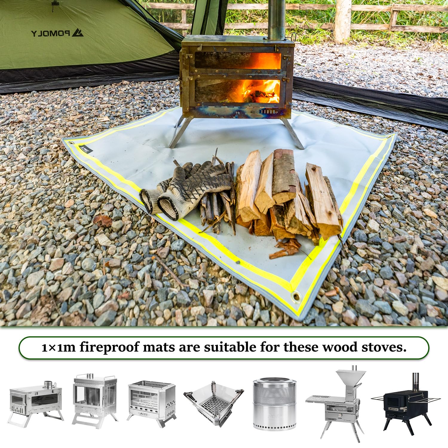 POMOLY Fire Pit Mat on patio with fire pit