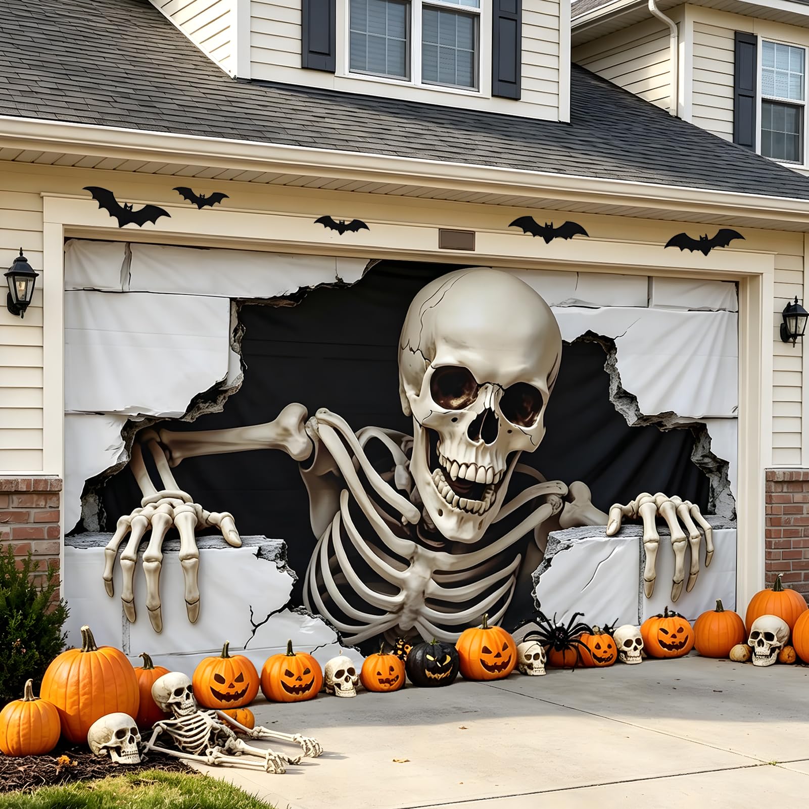 ponlodos Halloween garage door cover 6x13 ft with spooky skeleton design