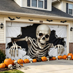 ponlodos Halloween garage door cover 6x13 ft with spooky skeleton design