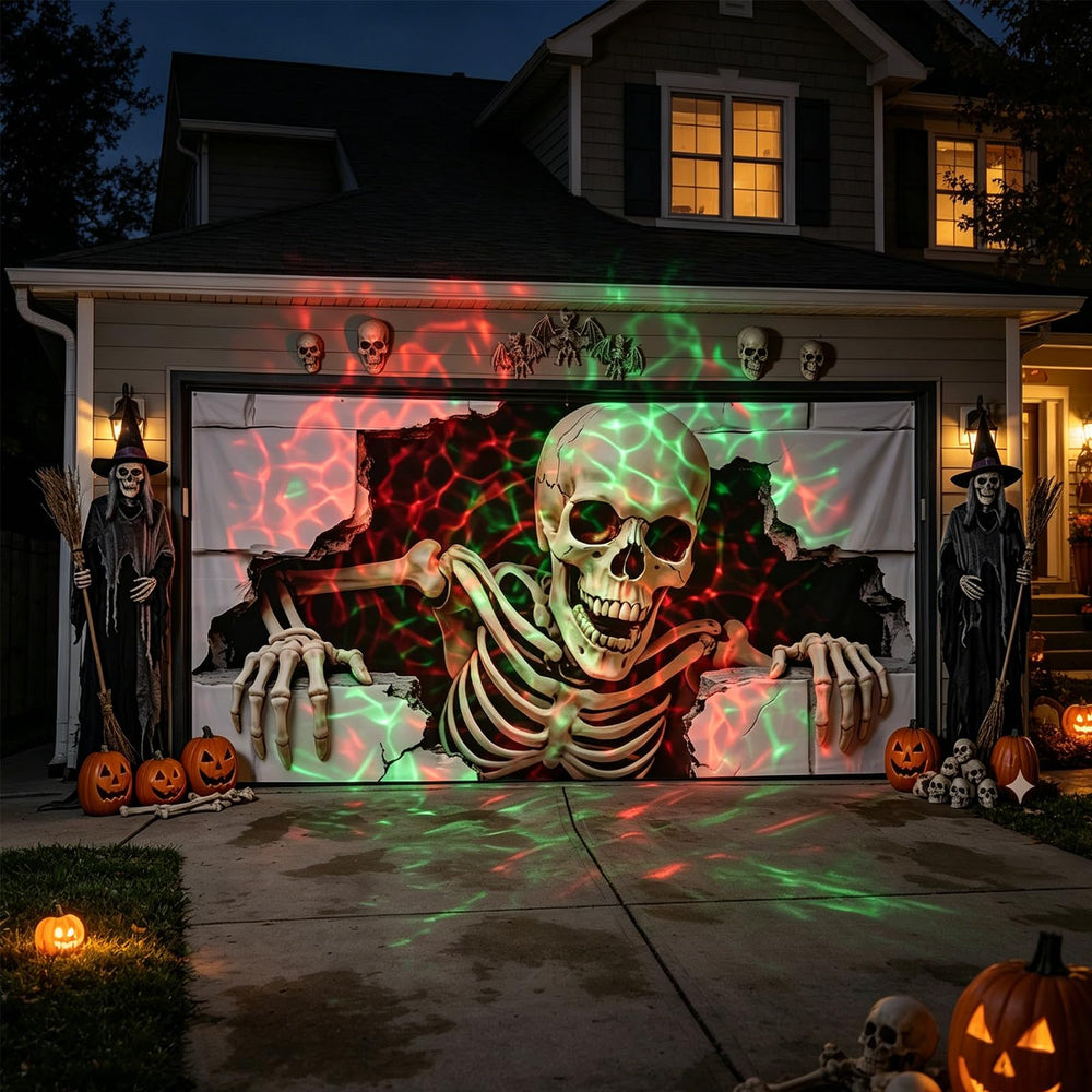 ponlodos Halloween garage door cover displayed on a garage, creating a spooky atmosphere
