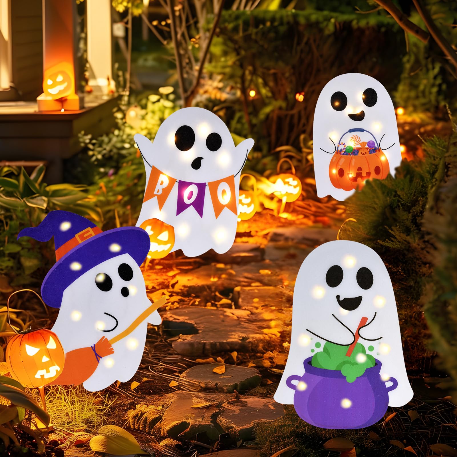 ponlodos lighted ghost yard sign front view with LED lights