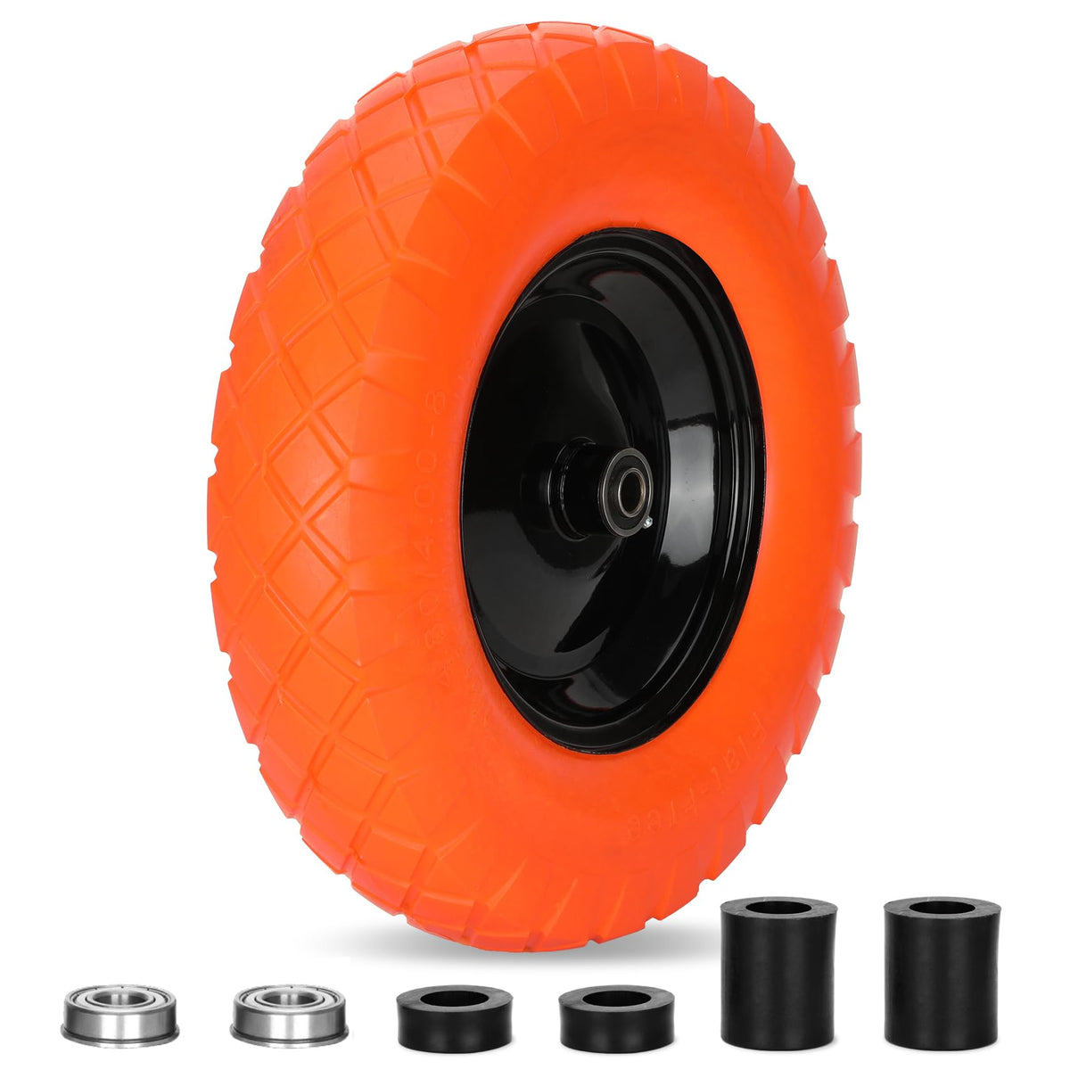 Pontuss 16-inch flat-free wheelbarrow wheel front view in orange