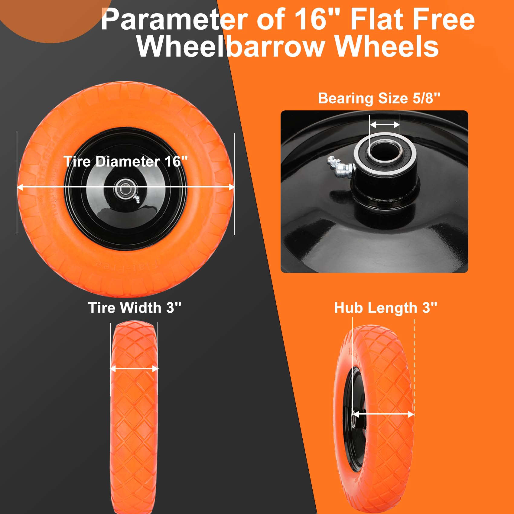 Pontuss 16-inch flat-free wheelbarrow wheel with 5/8 inch bearing