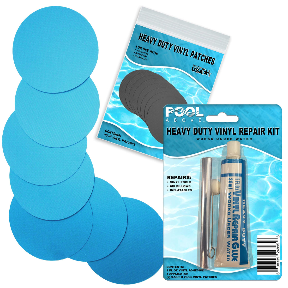 Pool Above Vinyl Repair Patch Kit with blue patches and glue