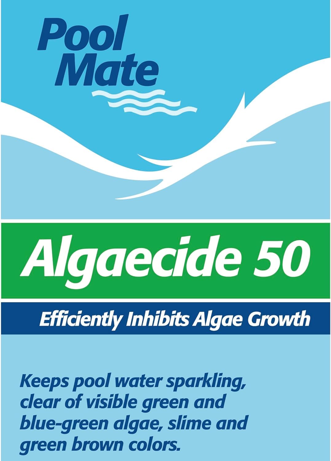 Pool Mate algaecide bottles with clear pool background