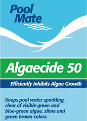 Pool Mate algaecide bottles with clear pool background