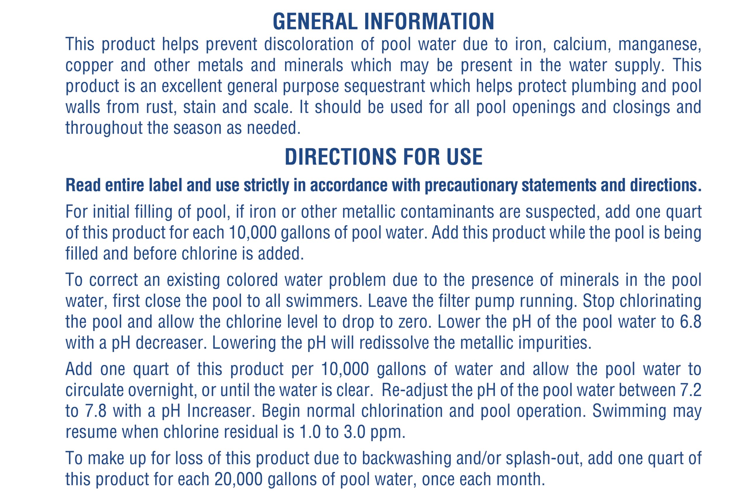 Pool Mate Pool Metal Remover product label