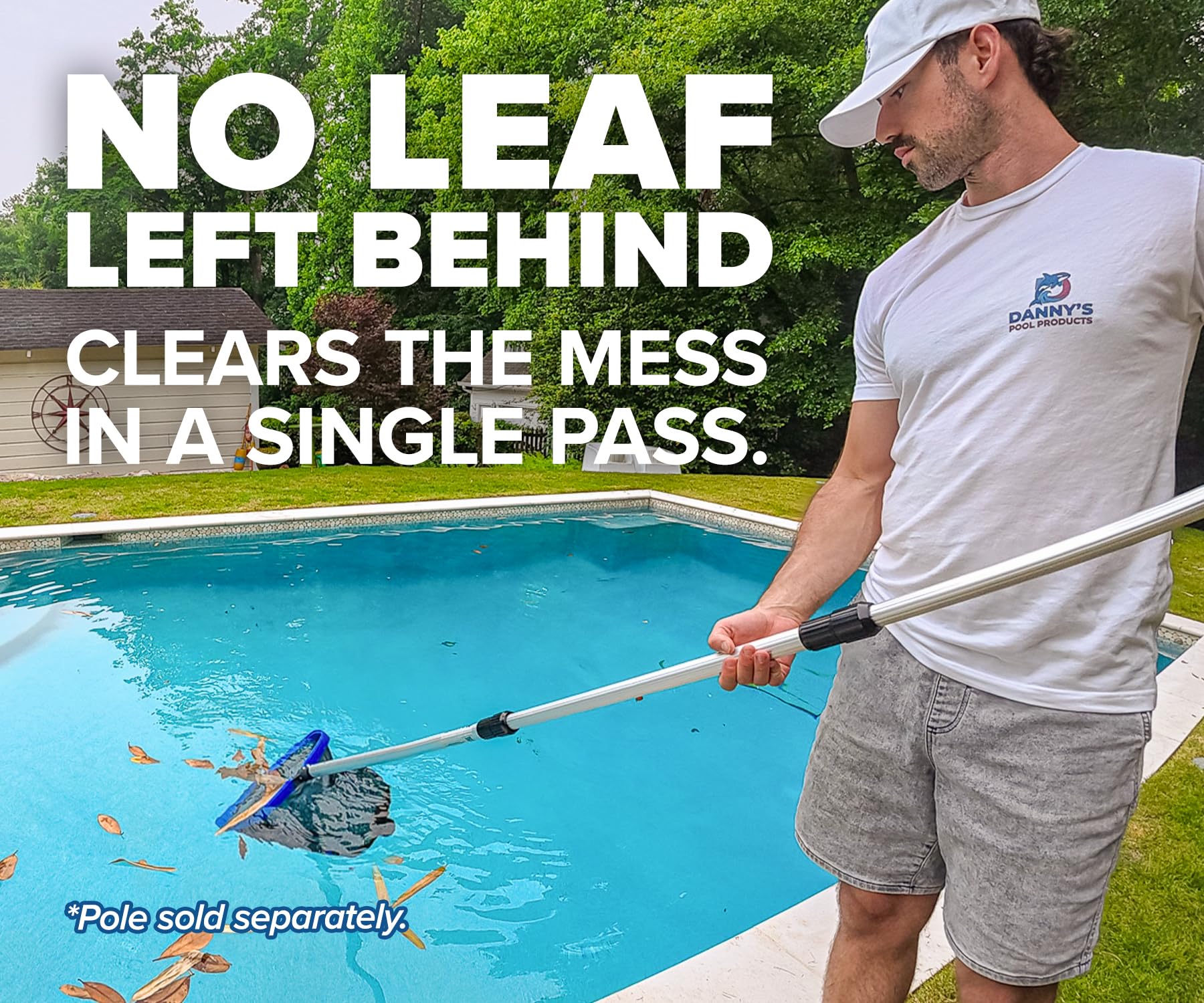 Pool rake in use, capturing leaves from the pool