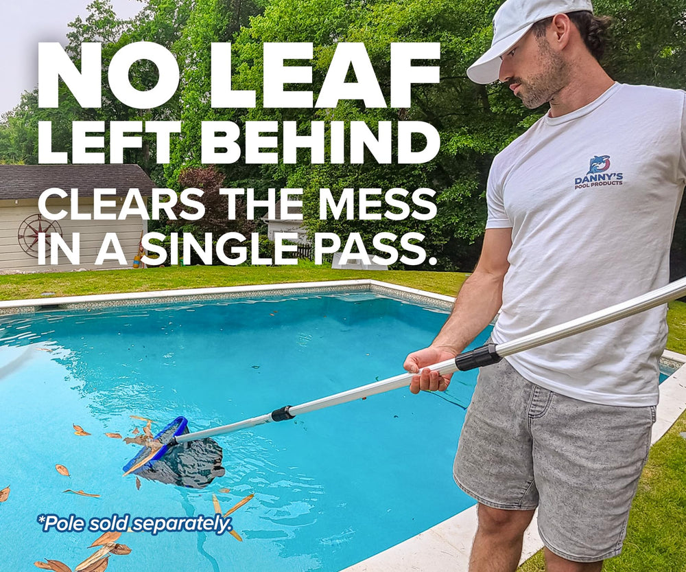 Pool rake in use, capturing leaves from the pool