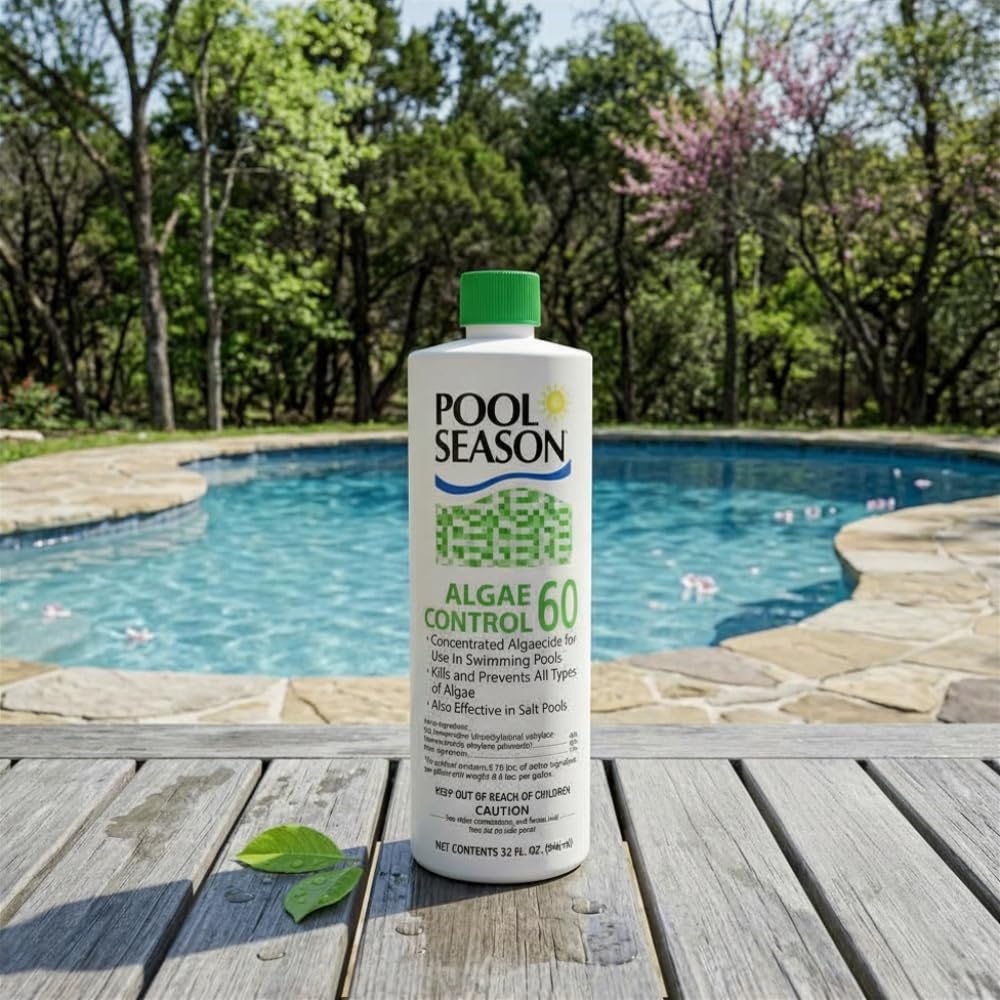 Pool Season Polyquat 60 Algaecide 32 oz with swimming pool background