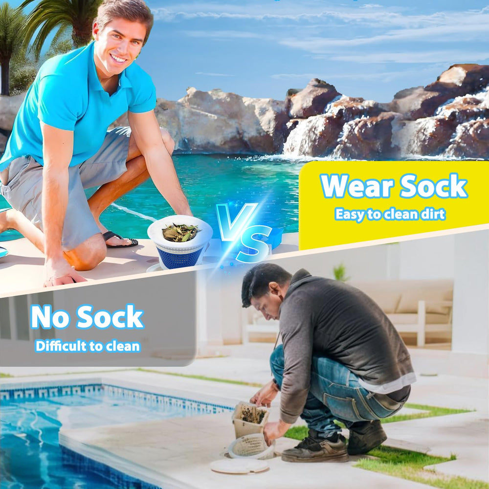 Pool skimmer socks in use filtering debris from pool water