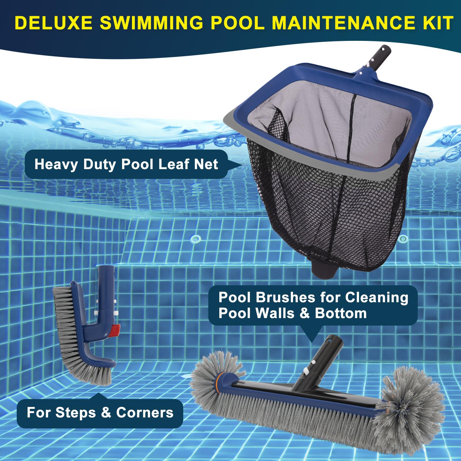 POOLAZA pool cleaning tools laid out for display