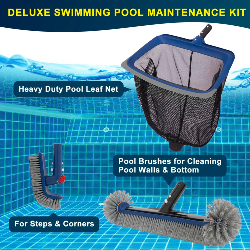 POOLAZA pool cleaning tools laid out for display