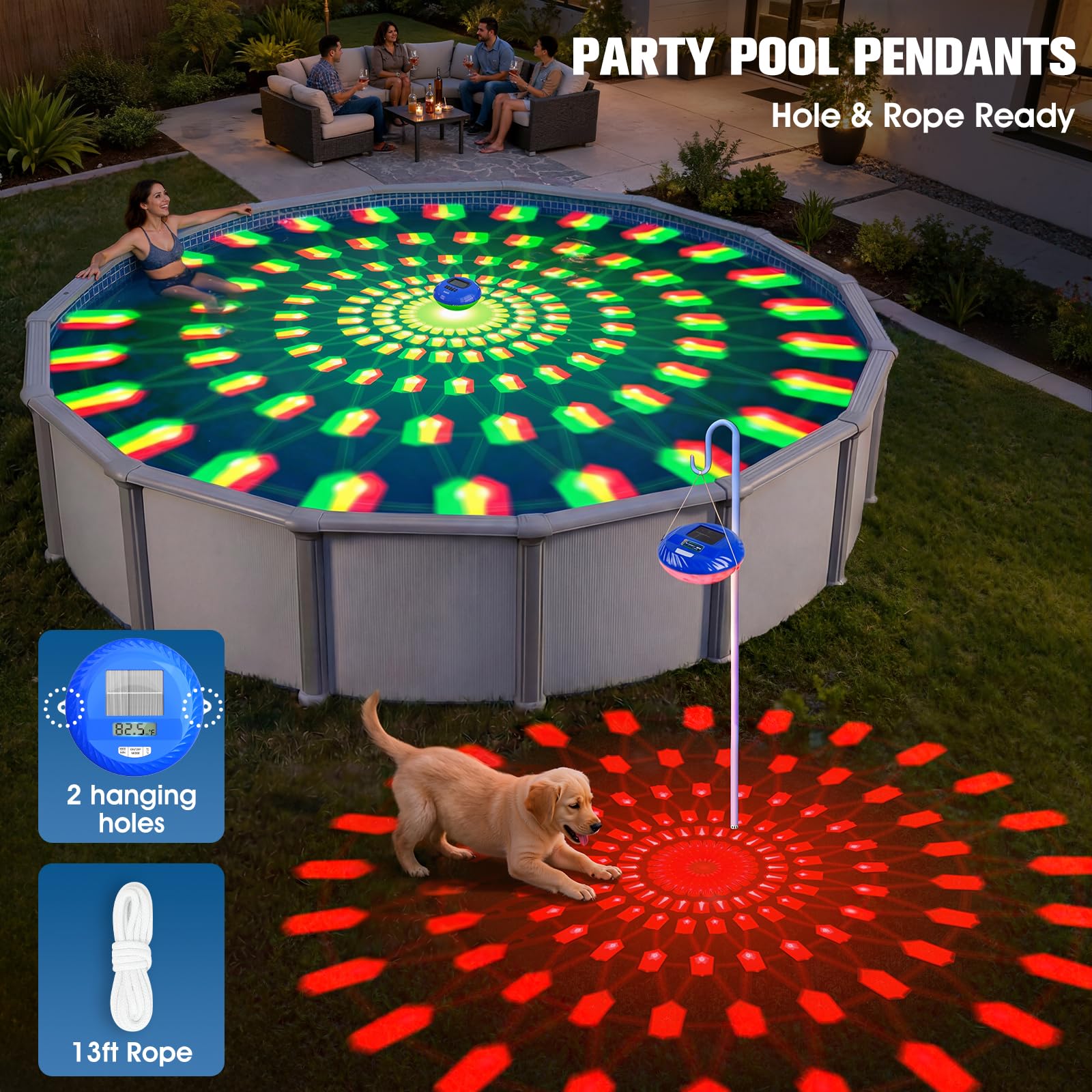 PoolBliss Solar Pool Light illuminated at night