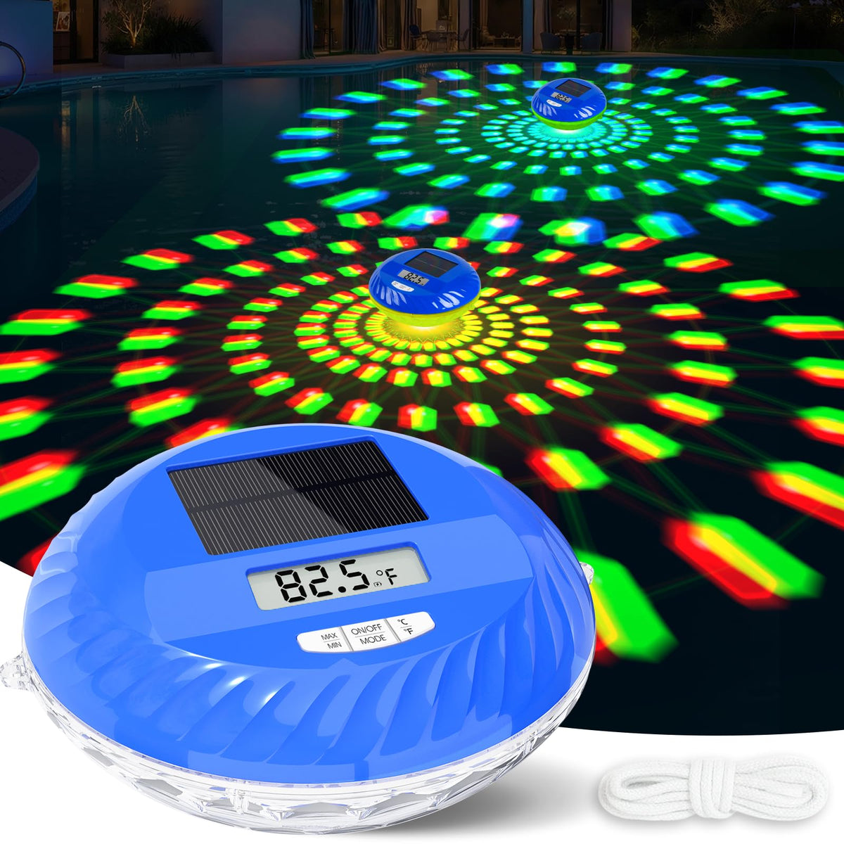 PoolBliss Solar Pool Light in blue floating in a pool