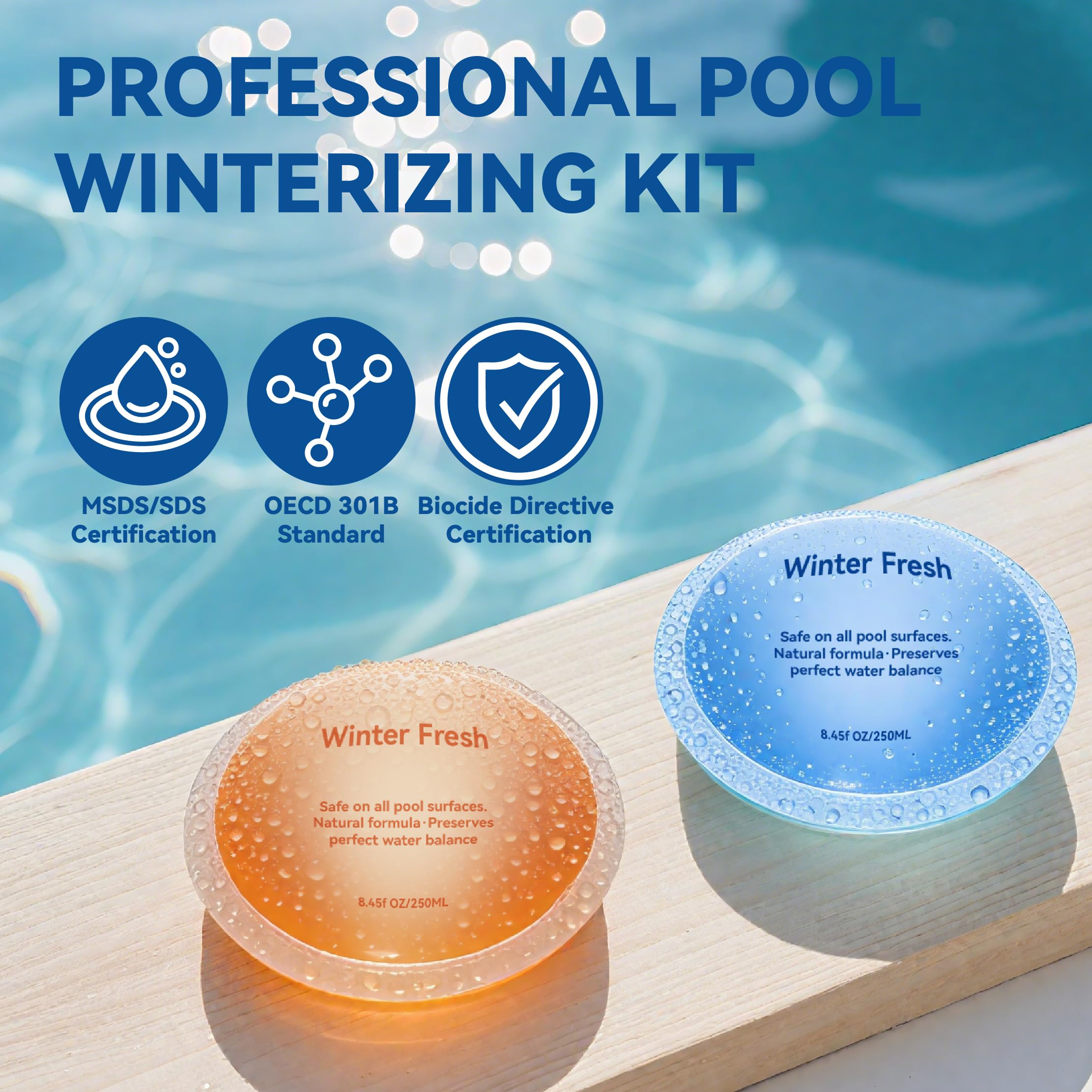 PoolCoolPro Pool Closing Kit showing clear water results