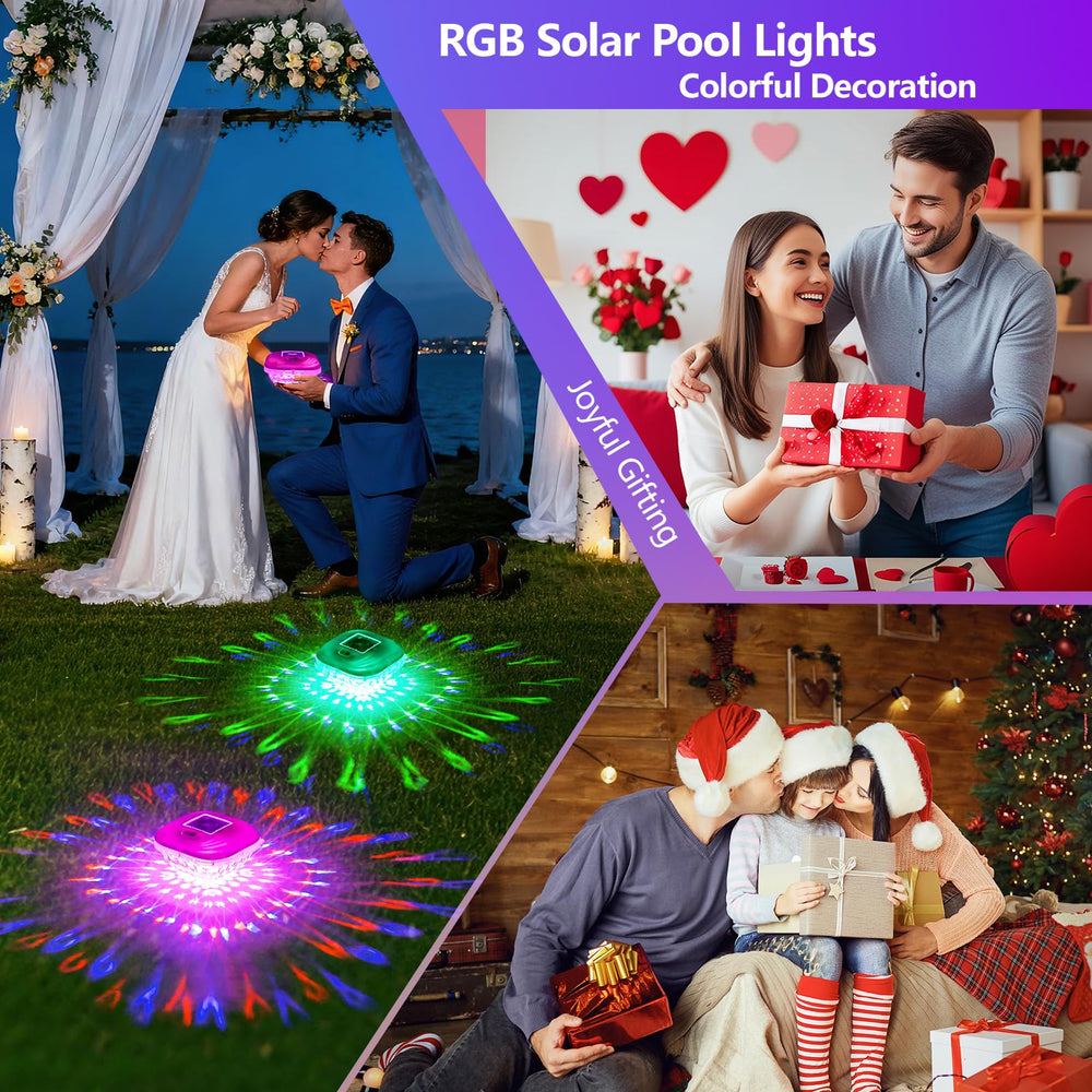 Pooldecor floating lights during a festive outdoor party
