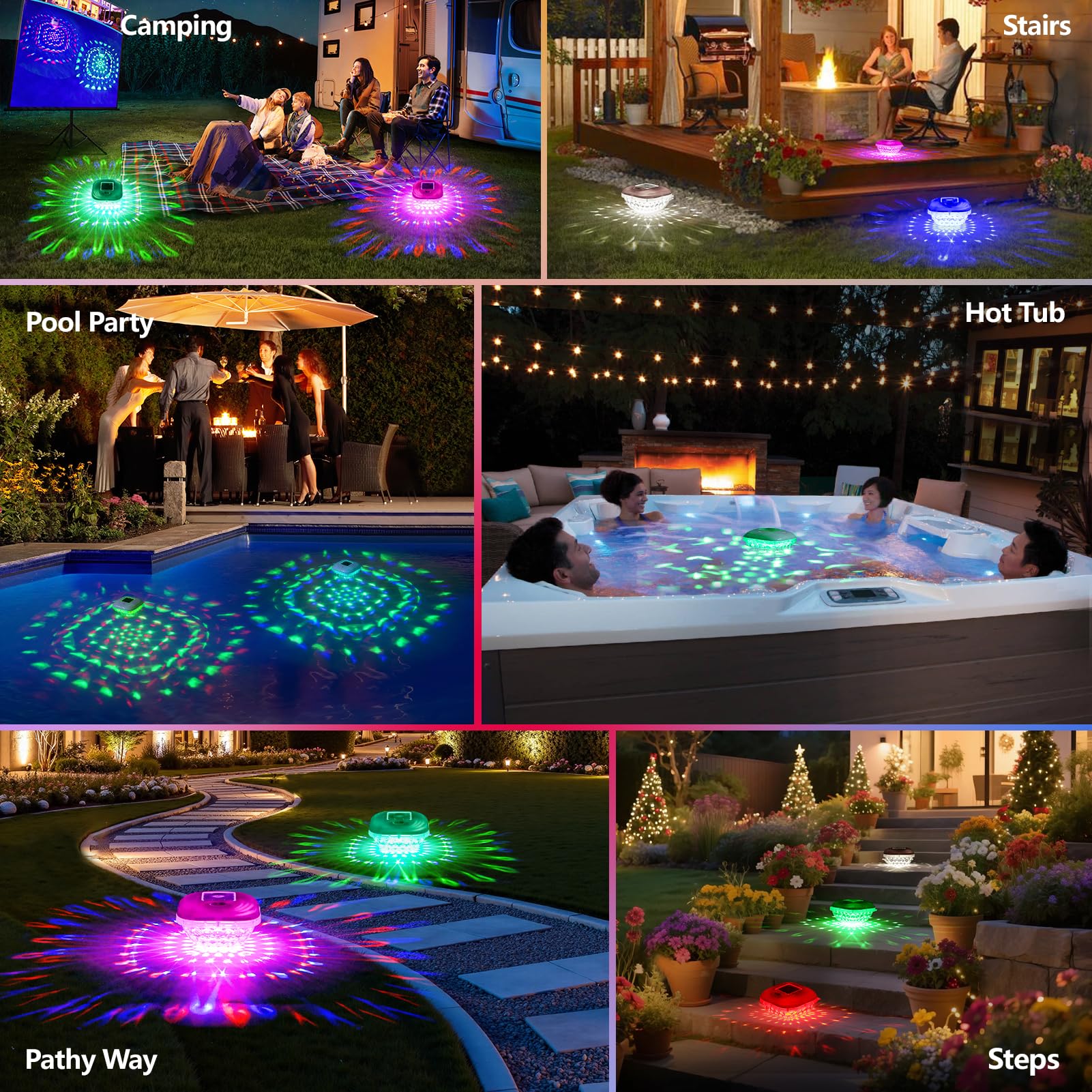 Pooldecor solar lights illuminating a garden pond