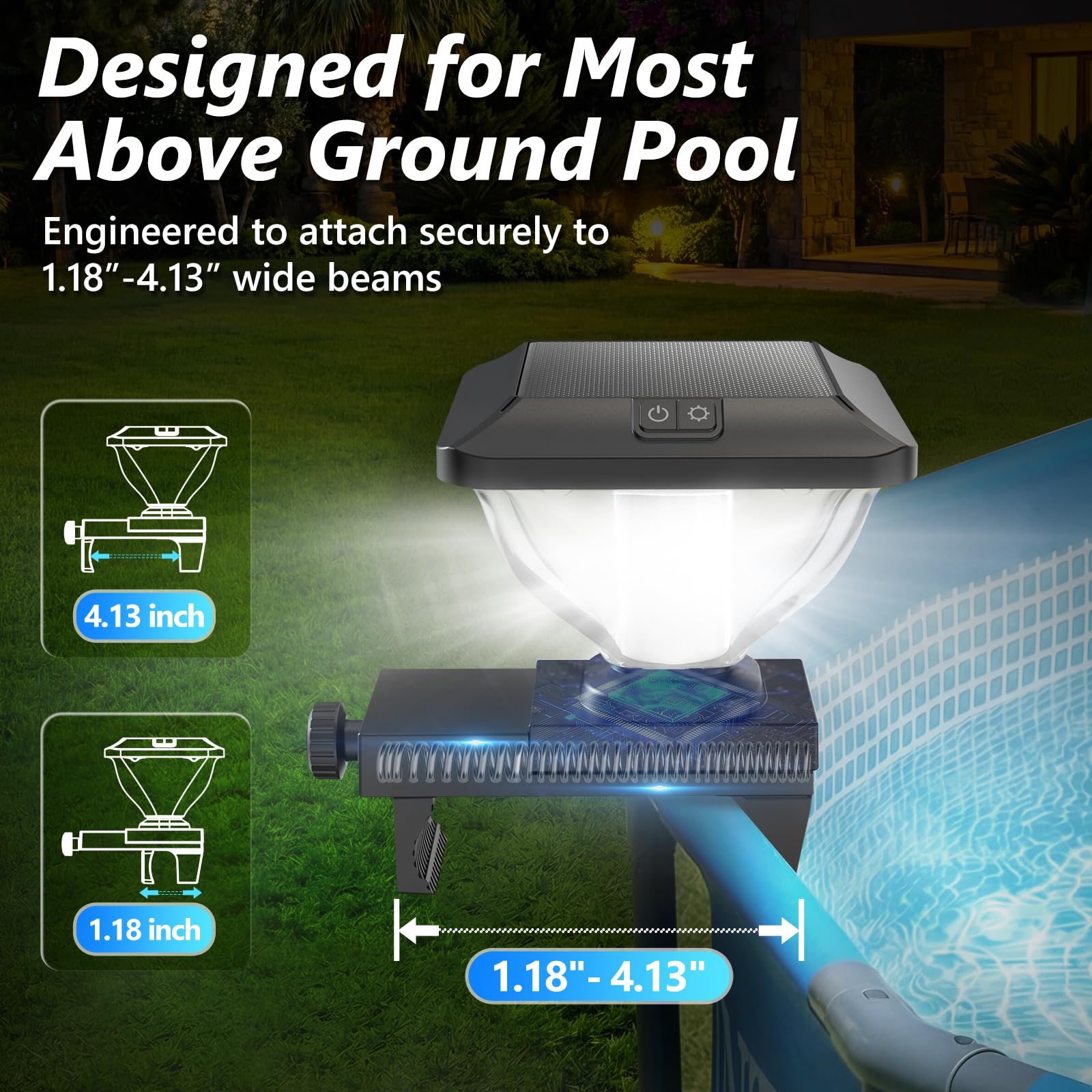 Pooldecor Solar Pool Light illuminated at night