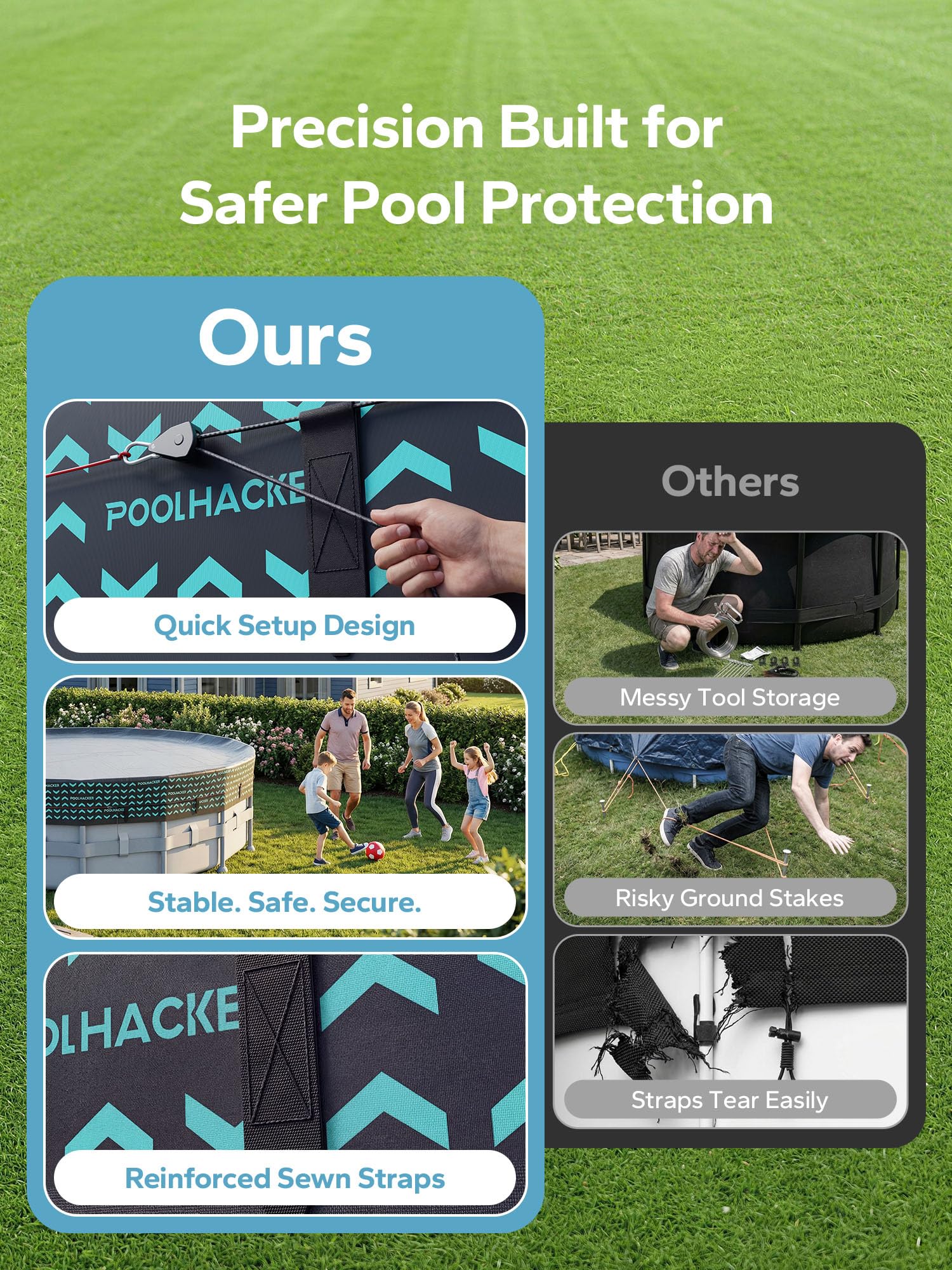 POOLHACKER 15 FT Round Pool Cover displayed with reference to its extended coverage design