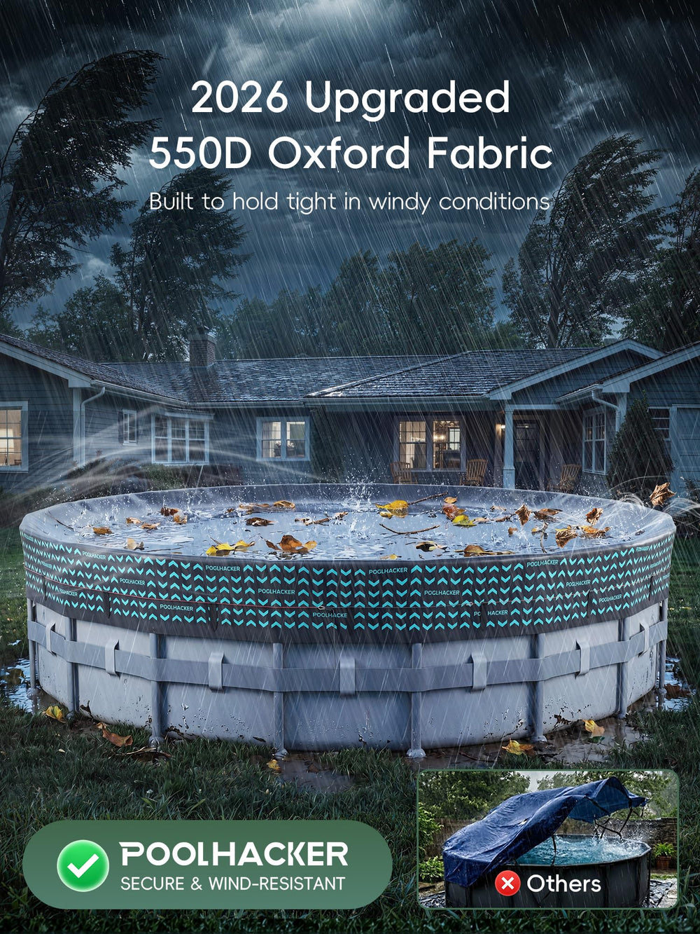 POOLHACKER heavy-duty pool cover side view showing steel cable system