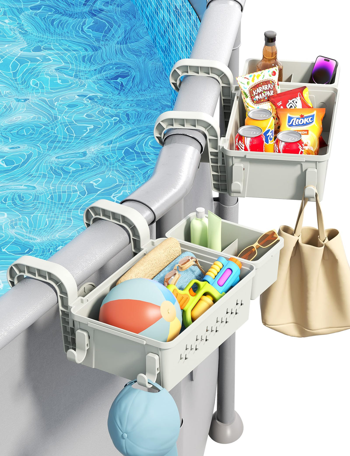 POOLHACKER Poolside Storage Basket Set with two baskets and cup holders