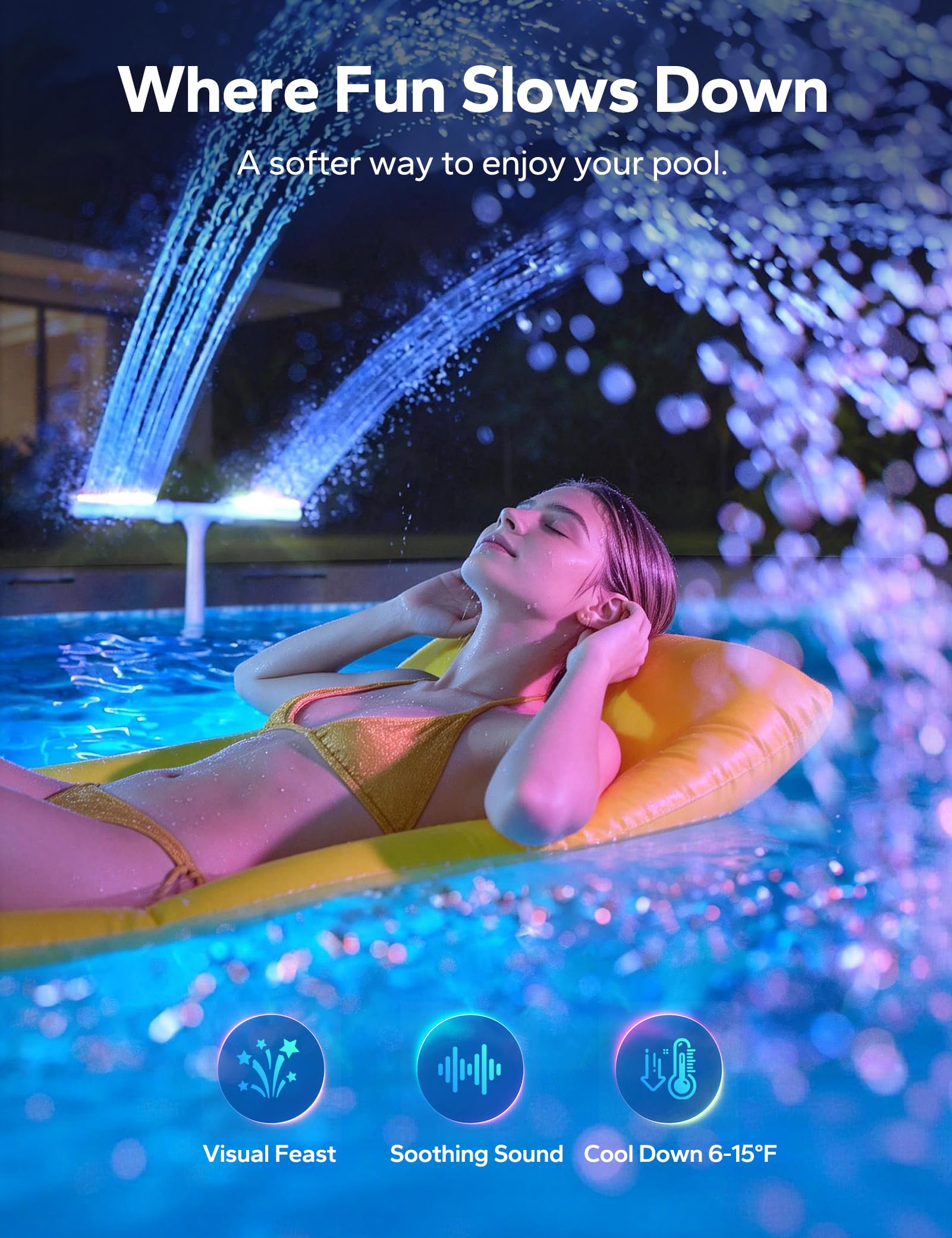 POOLHACKER Solar Pool Fountain during evening operation with lights