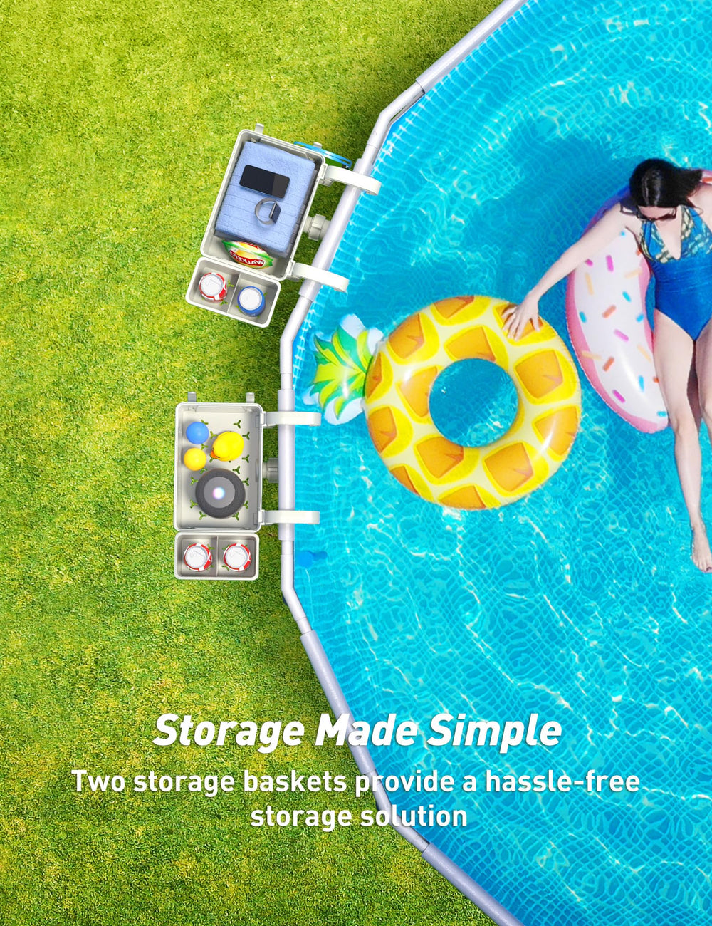 POOLHACKER storage basket set on a patio with drinks