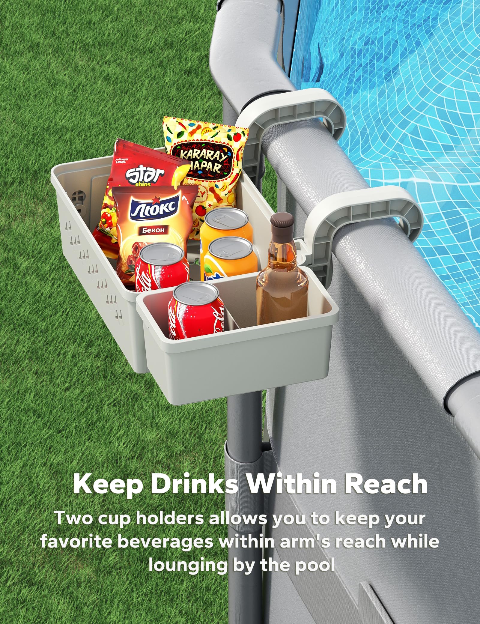 POOLHACKER storage basket with towels and drinks organized
