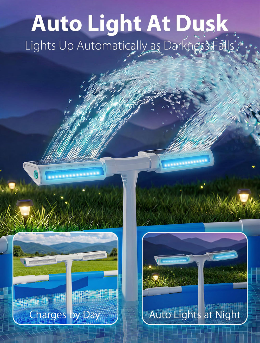 POOLHOUR Solar Pool Fountain back view showcasing the solar panel