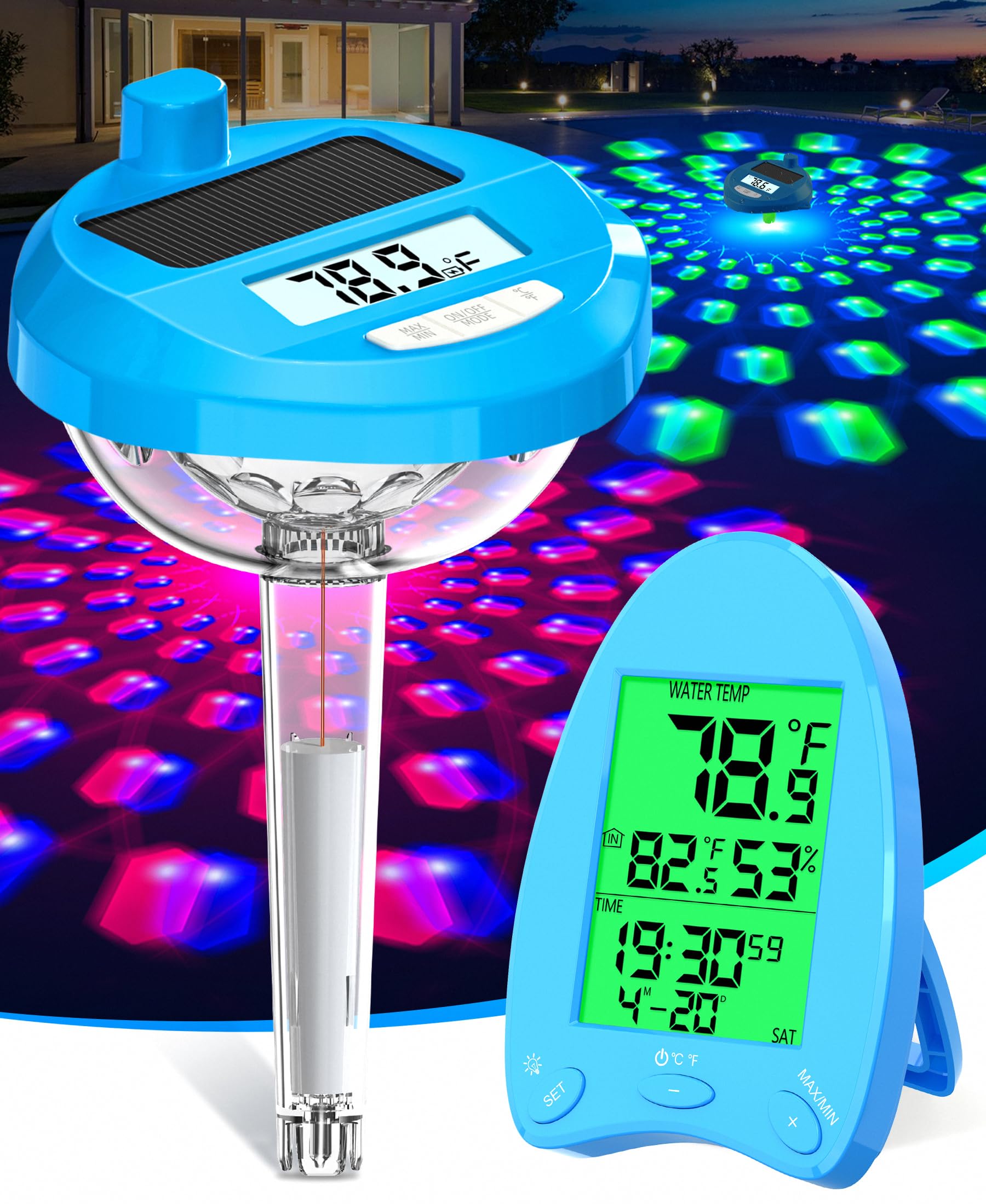 PoolLeader Solar Powered Wireless Pool Thermometer front view in light blue