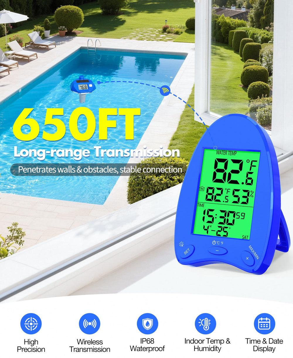PoolLeader thermometer showcasing waterproof design submerged in water