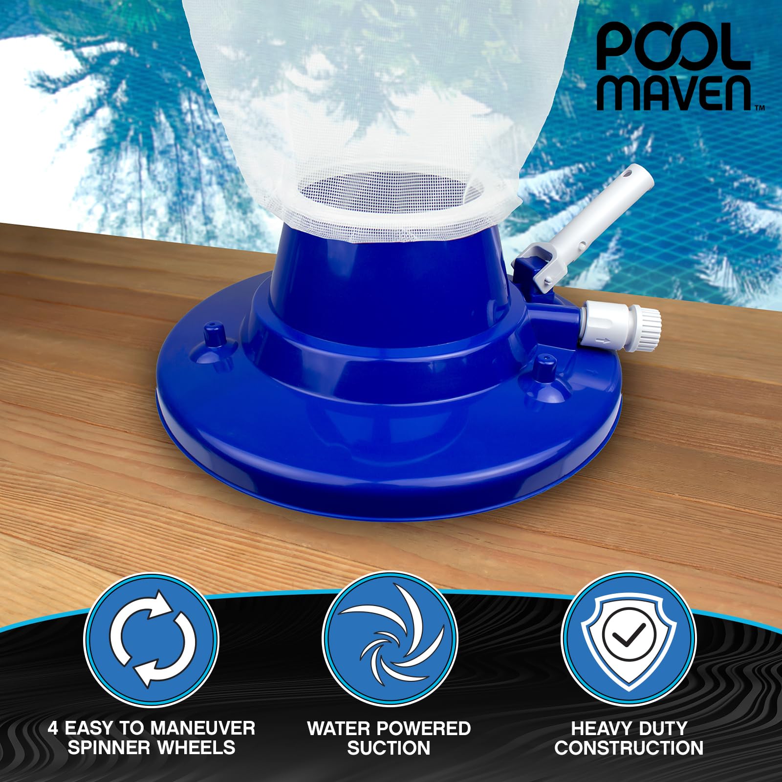 Poolmaven Heavy-Duty Pool Leaf Vacuum Head in use in a pool