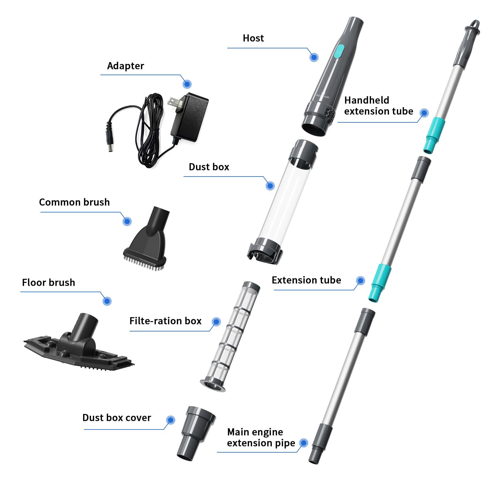 PoolMr Handheld Pool Vacuum alongside interchangeable parts
