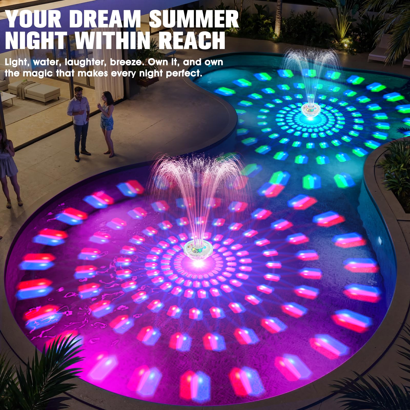 PoolPop Floating Fountain anchored in water with stable operation
