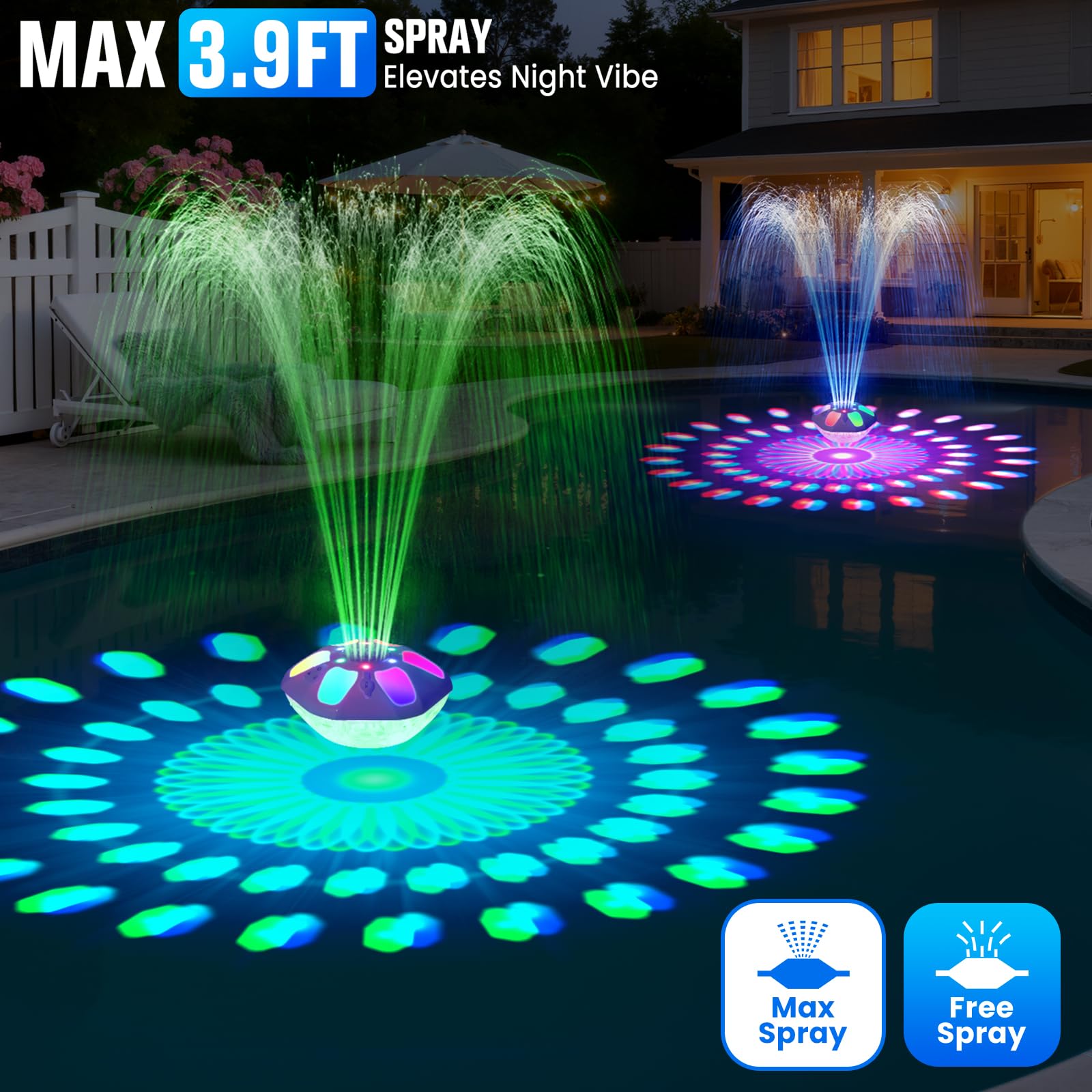 PoolPop Floating Fountain illuminated at night