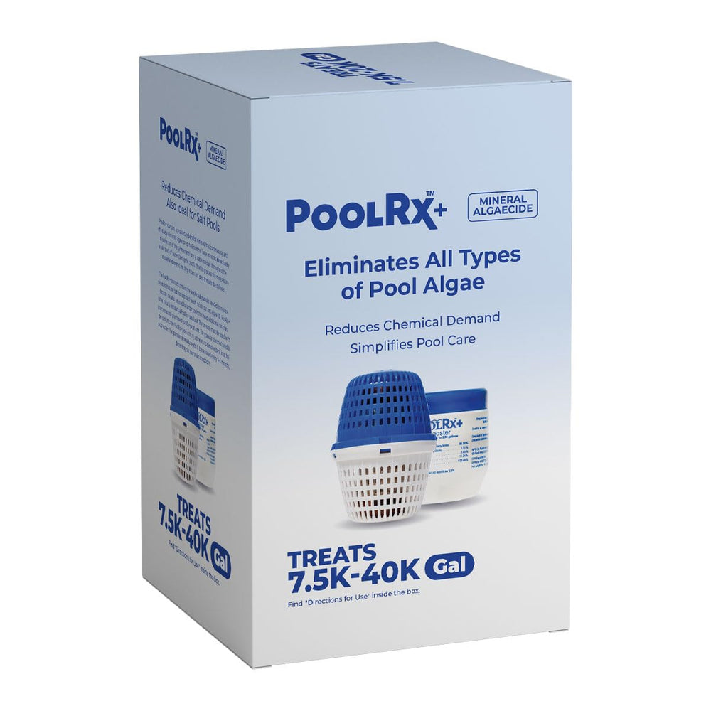 PoolRx+ Mineral Algaecide Unit front view in blue and white