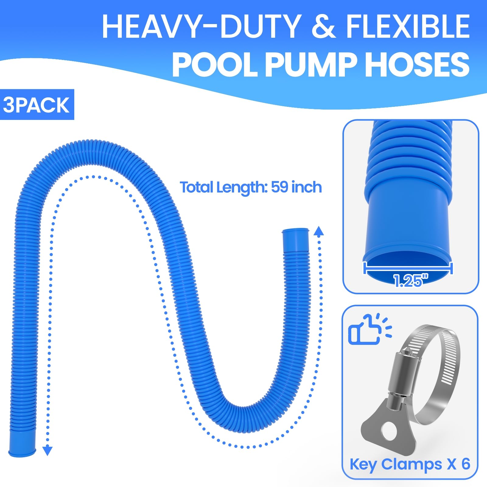 Poolvio 1.25-inch x 59-inch pool hose with metal thumb clamps