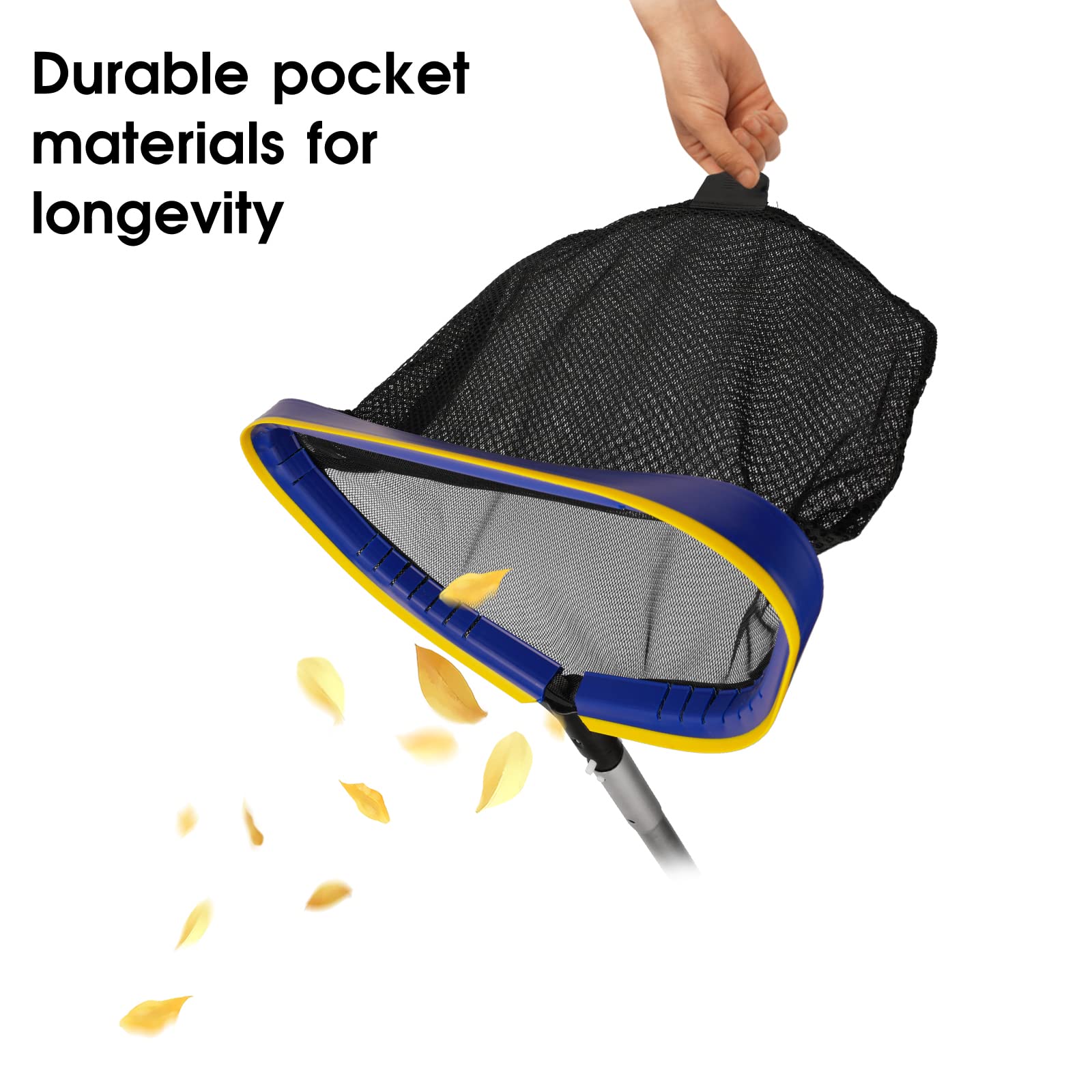 Poolvio Deep Skimmer Net with handle and EZ clip button visible