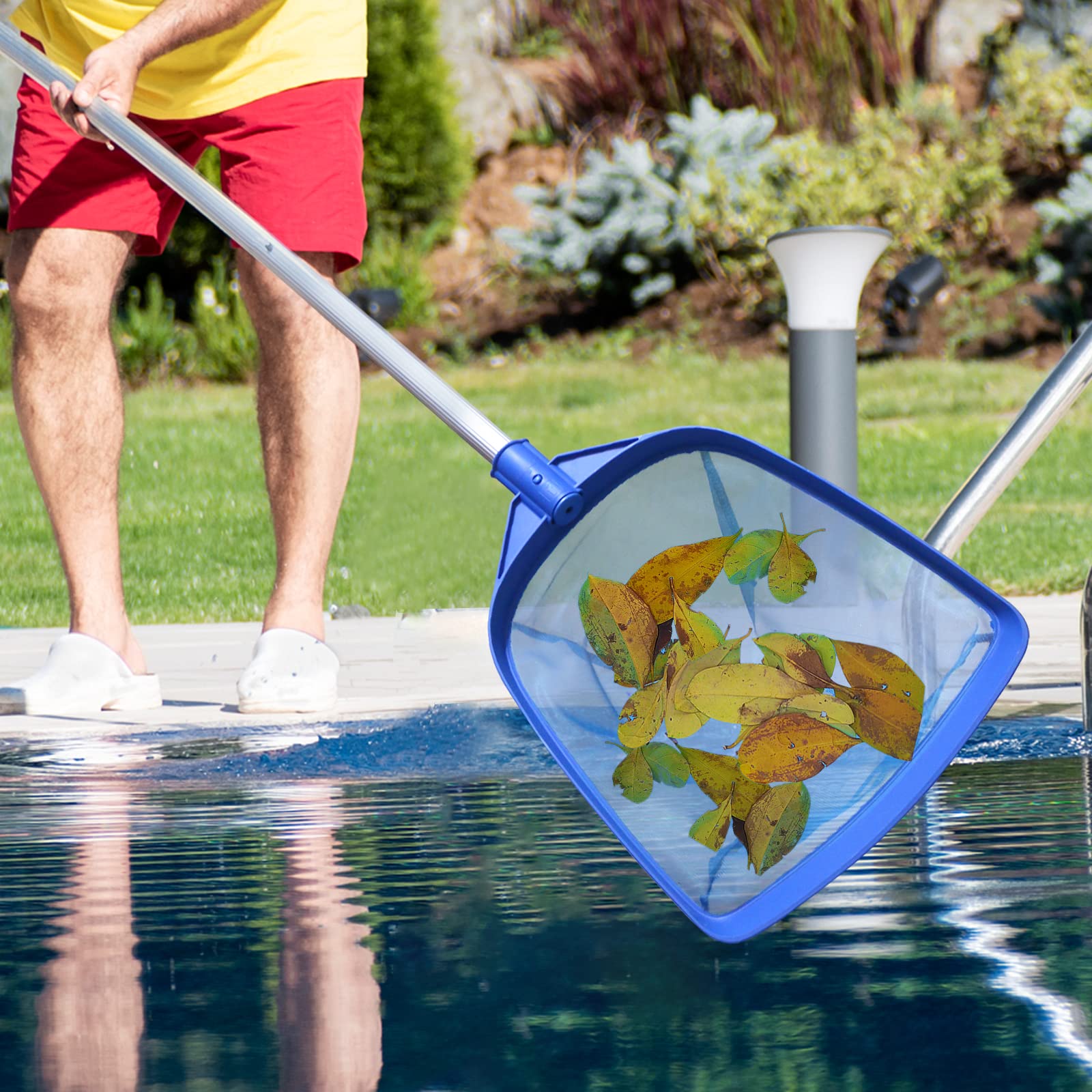 Poolvio Leaf Skimmer Net displayed with a clean pool background