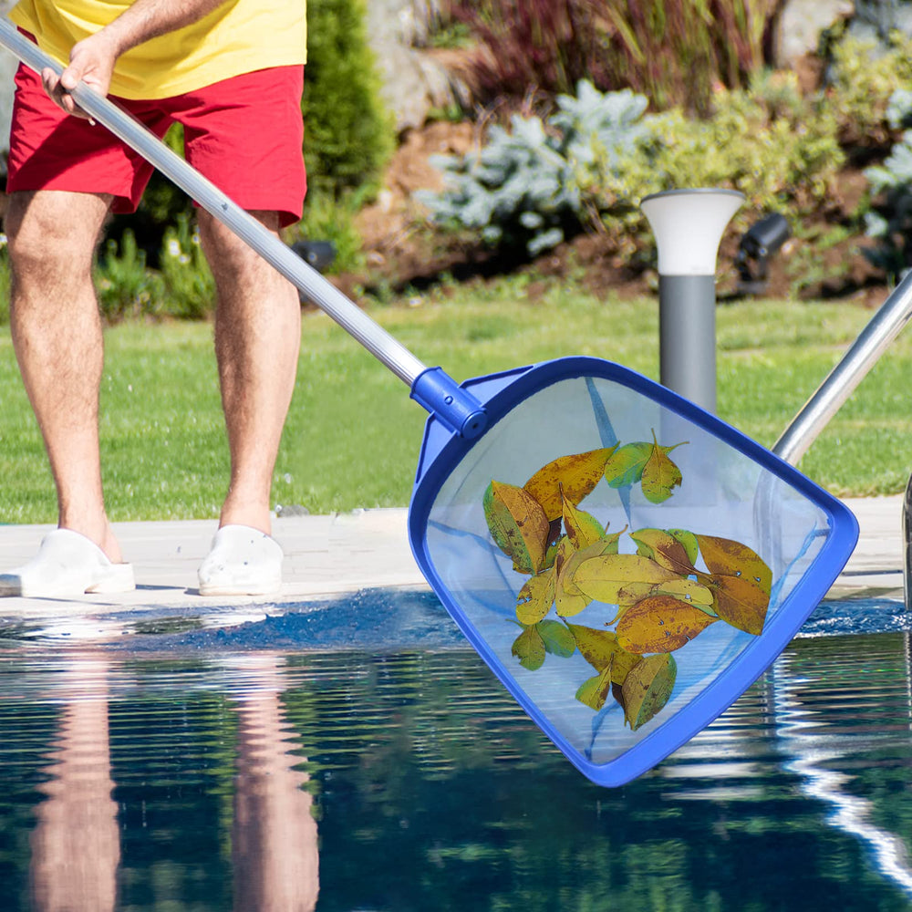 Poolvio Leaf Skimmer Net displayed with a clean pool background