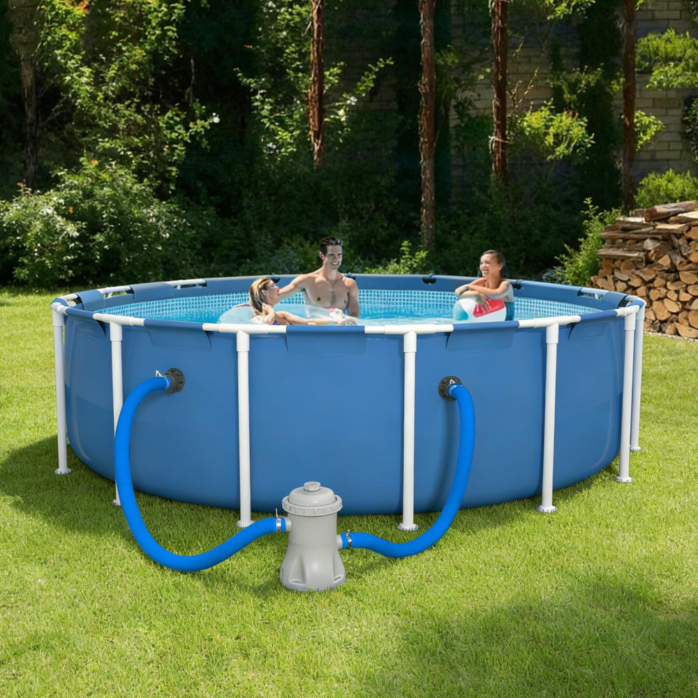 Poolvio pool hoses displayed outdoors near above ground pool
