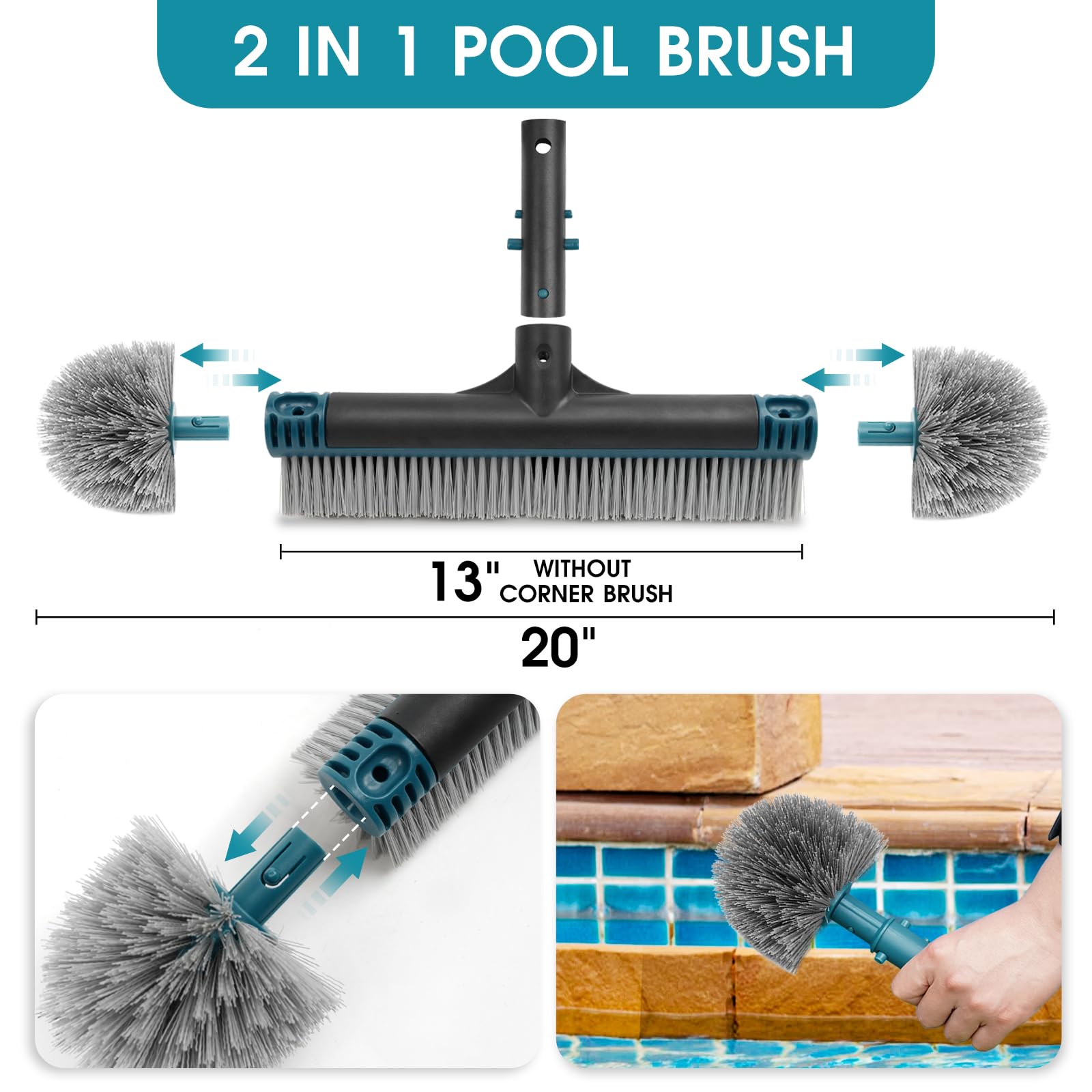 POOLWHALE detachable pool brush with EZ clip handle