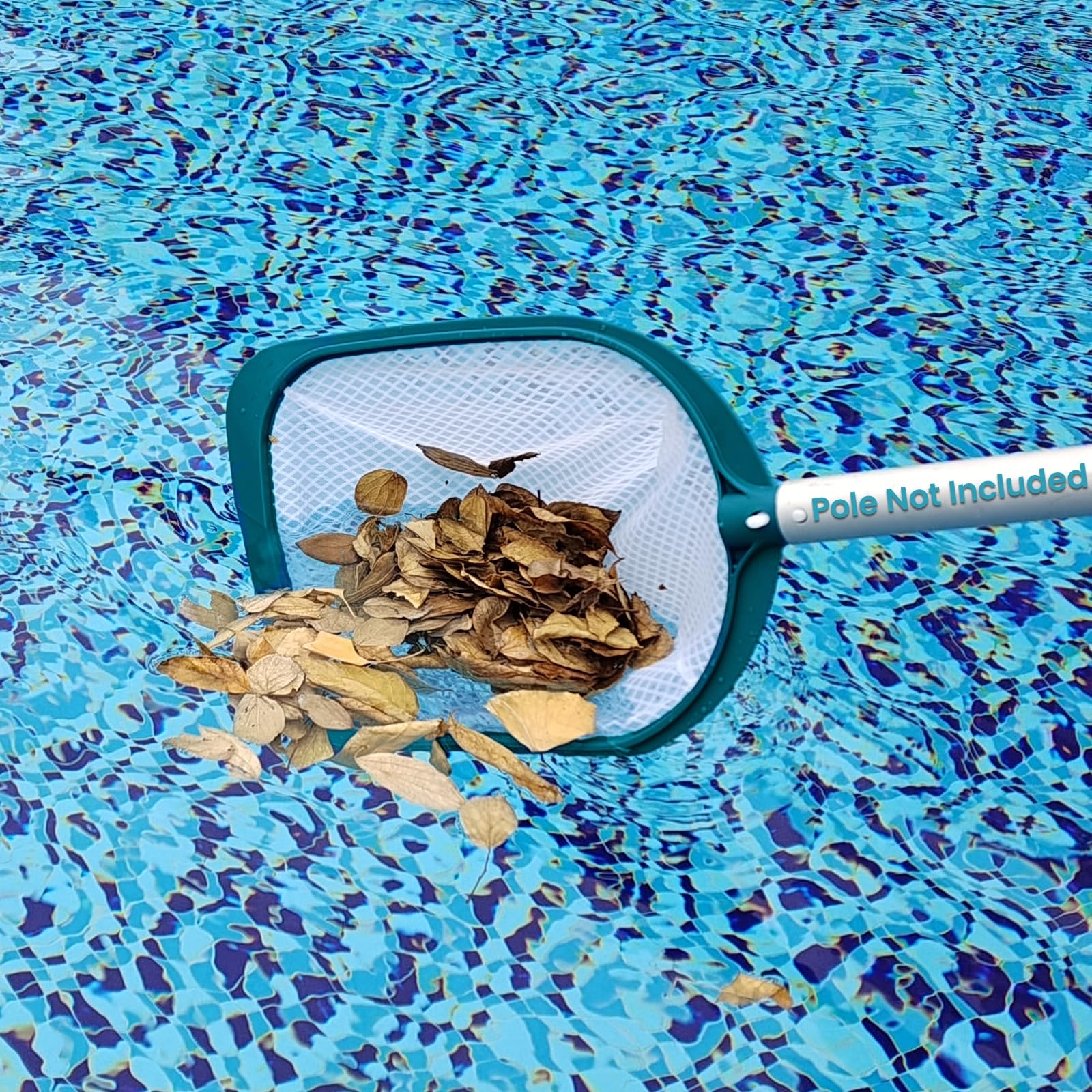 POOLWHALE Leaf Skimmer Net displayed with dimensions and features