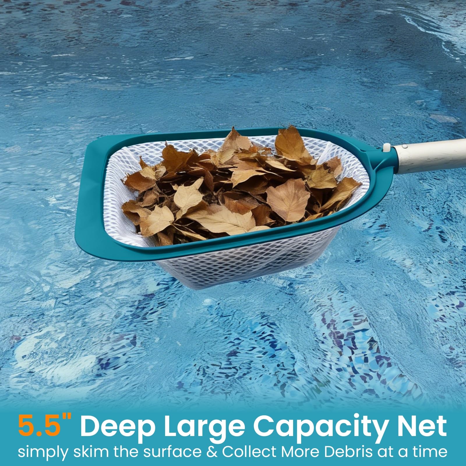 POOLWHALE Leaf Skimmer Net in use in an above-ground pool