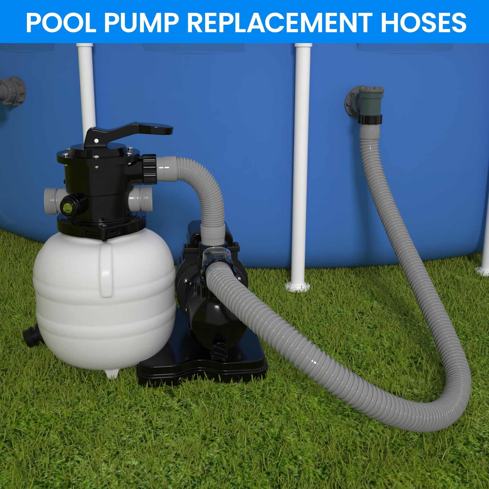 POOLWHALE pool hoses in grey colour with dimensions